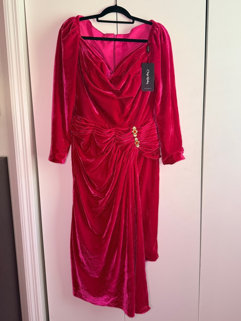 Chry Baby Fuchsia Velvet Midi Dress with Draped Waist and Jewel Accents